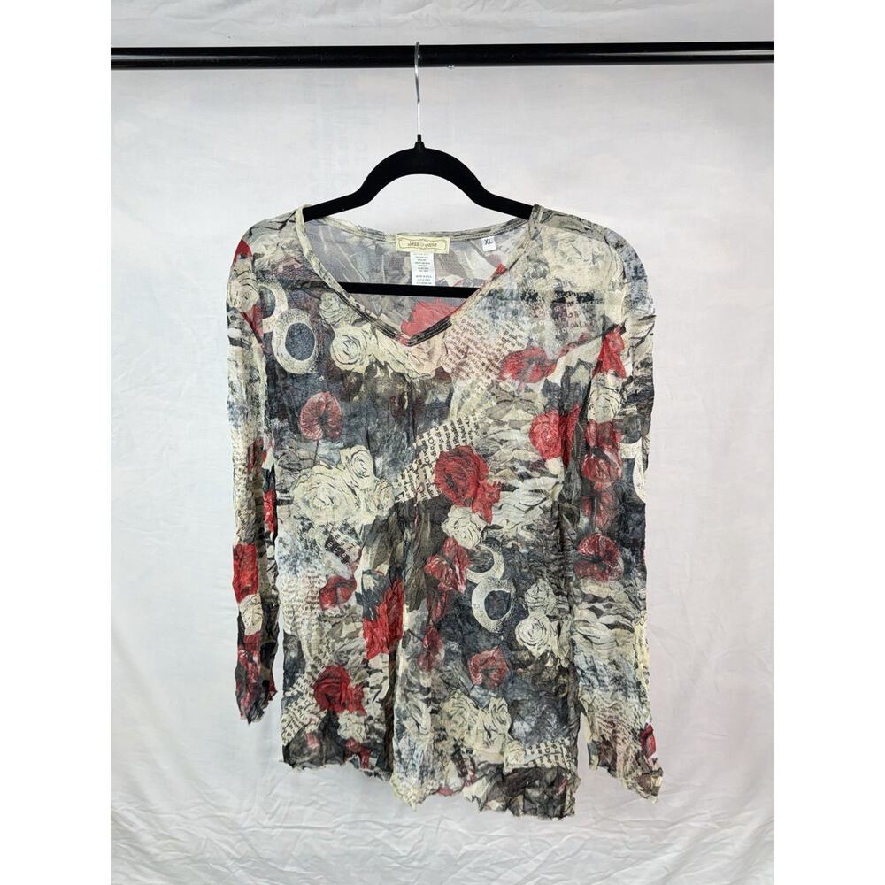 Jess & Jane Womens XL Mesh Top Floral Rose Print Sheer Crinkle Artsy Made in USA